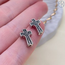 9*14 мм, Цвет серебро, Бусина крестик черные цирконы
