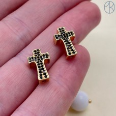 9*14 мм, Цвет золото, Бусина крестик черные цирконы