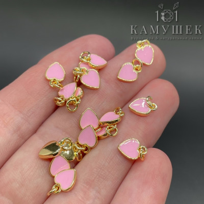 9*6,5мм Подвеска сердце розовая эмаль, цвет золото