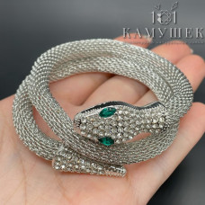 Браслет Змея кольчуга глаза зеленые цирконы, цвет серебро 60см