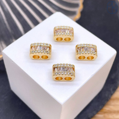 Бусина 2 ряда цирконы, цвет золоото 14 мм 