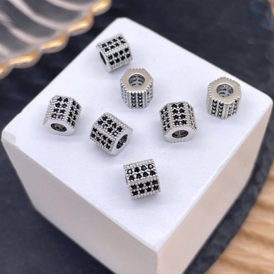 Бусина цилиндр черные цирконы, цвет серебро 5х6 мм 