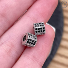 Бусина цилиндр черные цирконы, цвет серебро 5х6 мм 