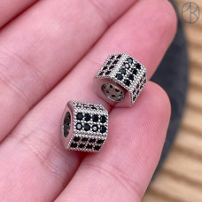 Бусина цилиндр черные цирконы, цвет серебро 6х8 мм 