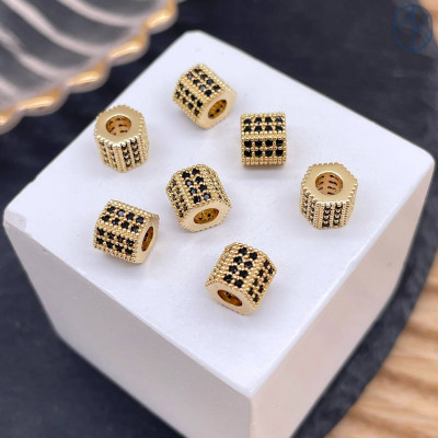 Бусина цилиндр черные цирконы, цвет золото 5х6 мм 