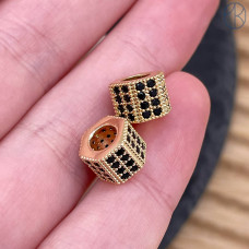 Бусина цилиндр черные цирконы, цвет золото 6х8 мм 