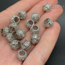 Бусина цилиндр цирконы, цвет серебро 9х7 мм 