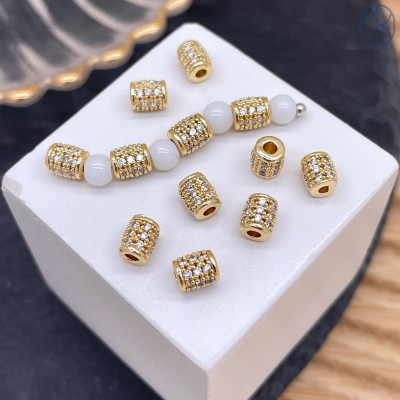 Бусина цилиндр цирконы, цвет золото 5 мм