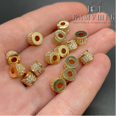 Бусина цилиндр с цирконами, цвет золото 7х5 мм