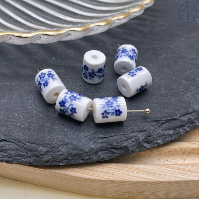 Бусина цилиндр узор гжель 10,5 мм