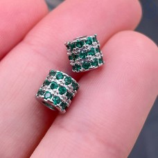 Бусина цилиндр зеленые цирконы, цвет серебро 6 мм