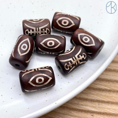 Бусина Дзи 2 глаза Феникса и Насекомое коричневый матовый бочонок 22х14 мм