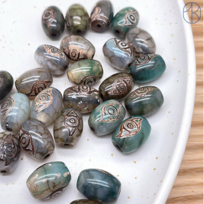 Бусина Дзи 2 глаза Феникса серо-зеленый бочонок уп. 5 шт 14х10 мм