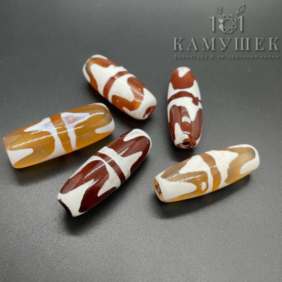 Бусина Дзи 2-й тигриный клык коричнево-белый бочонок 30х11 мм