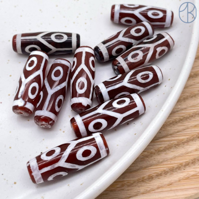 Бусина Дзи 6 глаз и черепаший панцирь бело-коричневый бочонок 30х11 мм