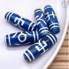 Бусина Дзи Большой человек бело-синий бочонок 40х14 мм