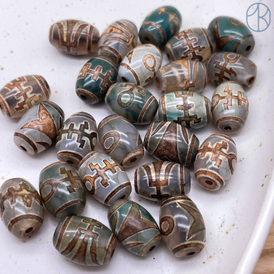 Бусина Дзи Большой человек серо-зеленый бочонок уп. 5 шт 14х10 мм