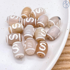 Бусина Дзи Денежный крючок серо-белый бочонок уп. 5шт 15х12 мм