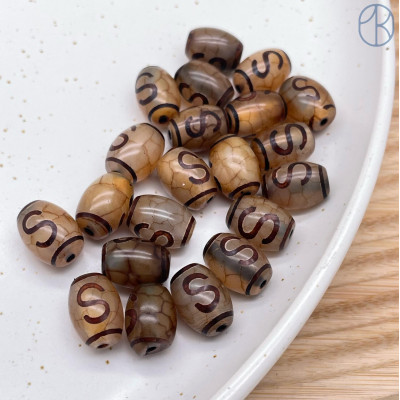 Бусина Дзи Денежный крючок серо-коричневый бочонок уп. 5 шт 14х10 мм