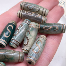 Бусина Дзи Денежный крючок серо-зеленый бочонок 30х11 мм