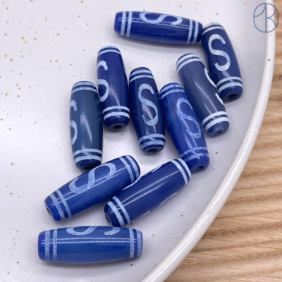 Бусина Дзи Денежный крючок синий бочонок 30*11 мм