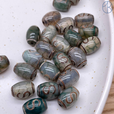 Бусина Дзи Денежный крючок зелено-коричневый бочонок уп.5 шт 10х14мм