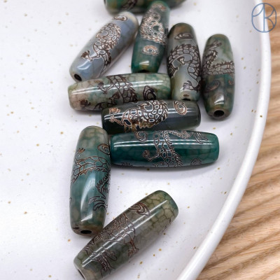 Бусина Дзи Дракон коричнево-белый бочонок 30х11 мм