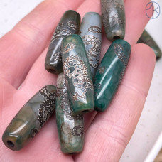 Бусина Дзи Дракон коричнево-белый бочонок 30х11 мм