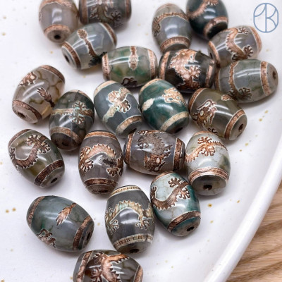 Бусина Дзи Дракон серо-зеленый бочонок уп. 5 шт 14х10 мм