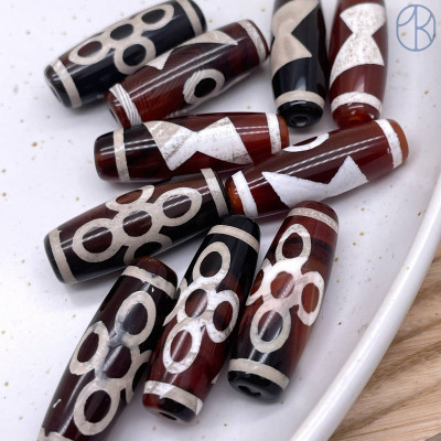 Бусина Дзи Гаруда и Молния бело-коричневый бочонок 30х11 мм