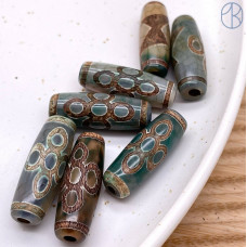 Бусина Дзи Гаруда и Молния серо-зеленый бочонок 30х11 мм