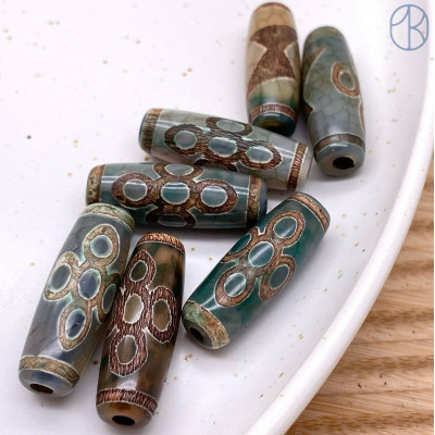 Бусина Дзи Гаруда и Молния серо-зеленый бочонок 30х11 мм