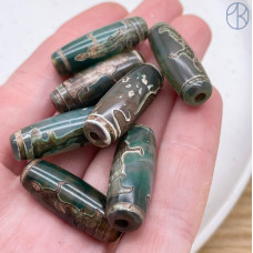 Бусина Дзи Гуань Инь зелено-коричневый бочонок 30х12 мм