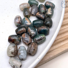 Бусина Дзи Гуань Инь зелено-коричневый бочонок уп. 5шт 14х10 мм