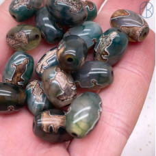 Бусина Дзи Гуань Инь зелено-коричневый бочонок уп. 5шт 14х10 мм