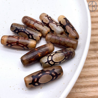 Бусина Дзи Колесо Фортуны серо-кооричневый бочонок 30х11 мм