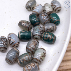 Бусина Дзи Кубера серо-зеленый бочонок уп. 5 шт 14х10 мм
