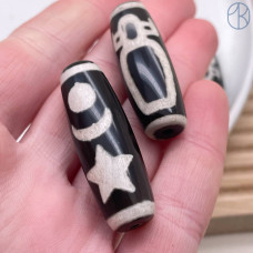 Бусина Дзи Кубера, Звезда и Луна черно-белый бочонок 40х14 мм