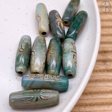 Бусина Дзи насекомое (счастье) серо-зеленый бочонок 30х11 мм