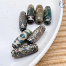 Бусина Дзи Небо и Земля серо-зеленый бочонок 30х11 мм