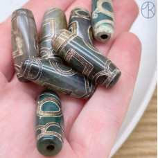 Бусина Дзи Небо и Земля серо-зеленый бочонок 30х11 мм