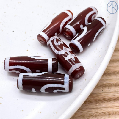 Бусина Дзи Нектарный Сосуд Изобилия коричнево-белый бочонок 30х11 мм