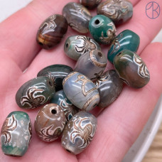 Бусина Дзи Паук серо-зеленый бочонок уп. 5 шт 14х10 мм