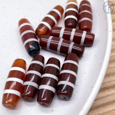 Бусина Дзи Полосатая коричнево-белый бочонок 30х11 мм