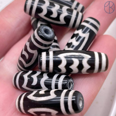 Бусина Дзи Птицы черно-белый бочонок 30х11 мм 