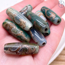 Бусина Дзи Руи серо-зеленый бочонок 30х11 мм