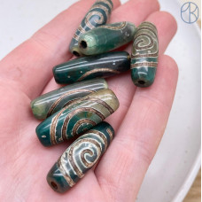 Бусина Дзи Спираль Вселенной серо-зеленый бочонок 30*11 мм