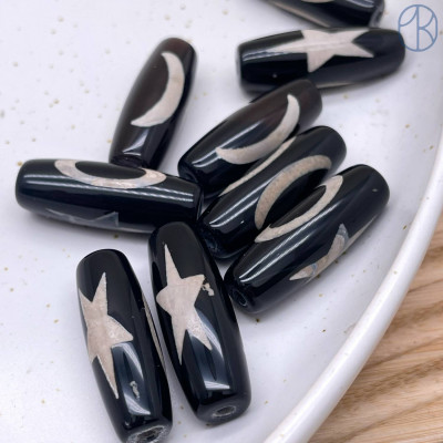 Бусина Дзи Вселенная (Небо, Звезда и Луна) черно-белый бочонок 30х11 мм