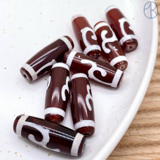 Бусина Дзи Зеленая тара бело-коричневый бочонок 30х11 мм