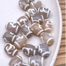 Бусина Дзи Зеленая тара серо-белый бочонок уп. 5шт 16х12 мм